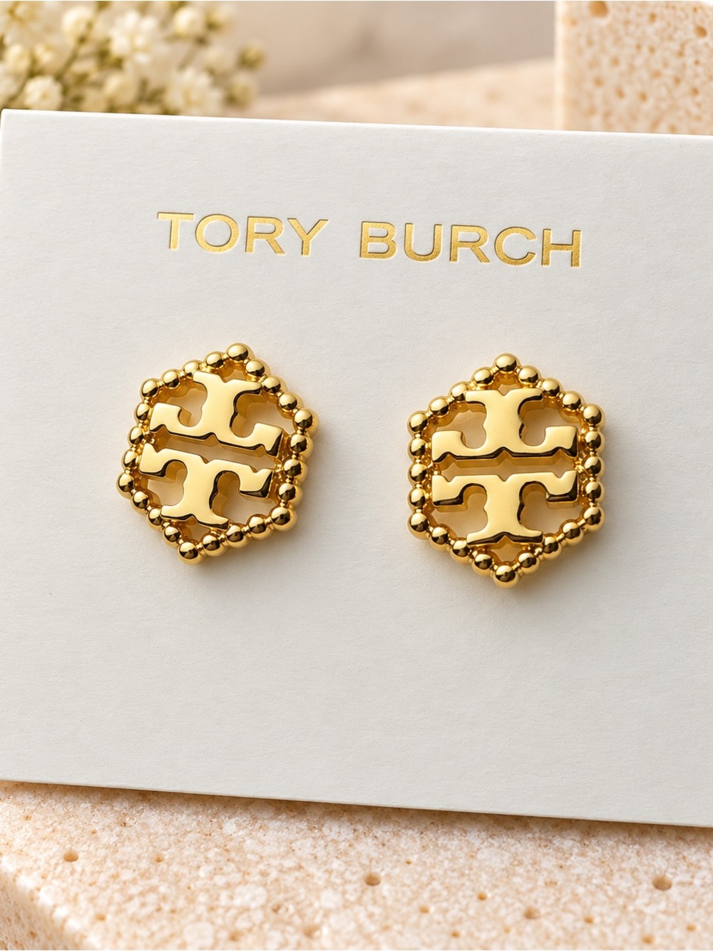 Tory Burch Gold Logo Beaded Hexagon Stud Earrings